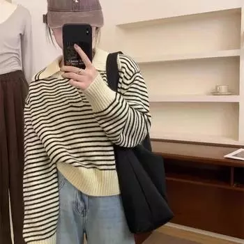 Женская полосатая футболка-поло с застежкой-молнией, толстовка большого размера с длинным рукавом, свободные повседневные пуловеры, осенний корейский свитер в студенческом стиле S абрикосовый