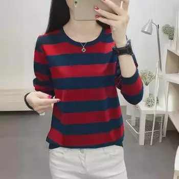 Женская полосатая футболка с длинным рукавом 2024 года — большой размер, свободный крой, утягивающая, идеально подходит для весны и осени XL синий/зелёный