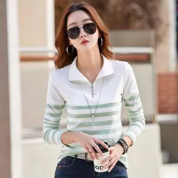 Женская полосатая футболка с длинным рукавом, черно-белые женские футболки, тонкая женская одежда, весна-осень S зелёный