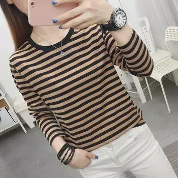 Женская полосатая футболка с длинным рукавом на весну и осень — свободный крой для мам среднего и пожилого возраста XL (121-135 lbs) верблюд