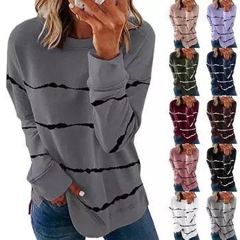 Женская полосатая футболка с длинным рукавом, повседневная свободная блузка, пуловер, футболка, блузка