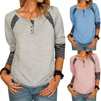 Женская полосатая футболка с длинным рукавом. Женская блузка с длинным рукавом и пуговицами. Повседневные топы. S розовый