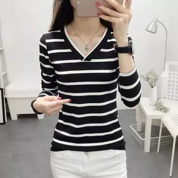 Женская полосатая футболка с длинными рукавами из чистого хлопка, тонкая нижняя рубашка в корейском стиле, весенне-осенний черно-белый повседневный топ M белый
