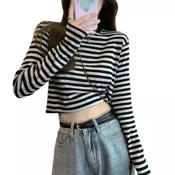 Женская полосатая футболка с круглым вырезом и длинными рукавами, повседневный короткий топ M