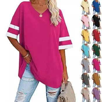 Женская полосатая футболка с v-образным вырезом, удобный топ с короткими рукавами XS чёрный