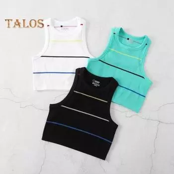 Женская полосатая майка без рукавов с круглым вырезом, облегающий жилет, летний ребристый укороченный топ для повседневной носки, пляжного спорта S чёрный