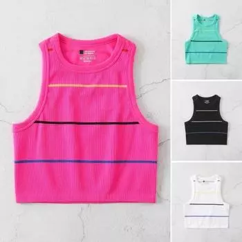 Женская полосатая майка без рукавов с круглым вырезом, облегающий жилет, летний ребристый укороченный топ для повседневной носки, пляжного спорта S белый