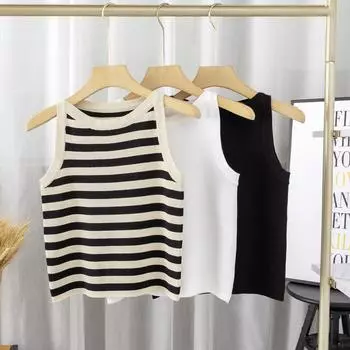 Женская полосатая однотонная майка ранней весной, мягкий липкий вязаный универсальный топ без рукавов для пикантных девочек OneSize чёрный
