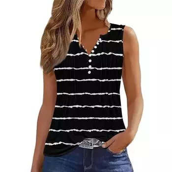 Женская полосатая повседневная мешковатая плиссированная рубашка с V-образным вырезом, застегивающаяся на пуговицы футболка без рукавов жилет топ L чёрный