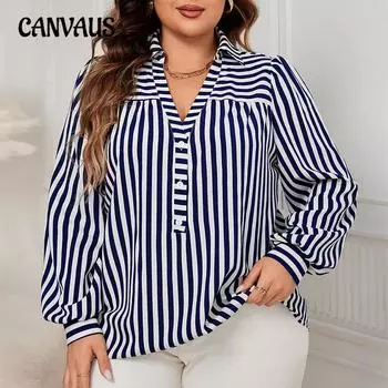 Женская полосатая рубашка больших размеров, весенне-осенняя блузка с воротником поло, стильная рубашка для поездок на работу XL темно-синий