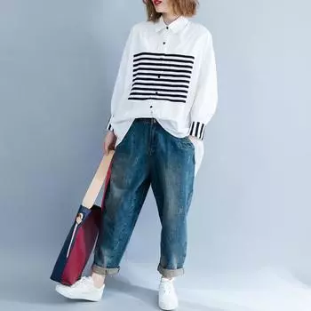 Женская полосатая рубашка большого размера со стоячим воротником, свободная повседневная рубашка с длинным рукавом XXXXL