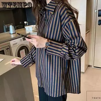 Женская полосатая рубашка большого размера в стиле ленивой моды на весну и осень, повседневная универсальная рубашка с длинными рукавами в стиле BF S