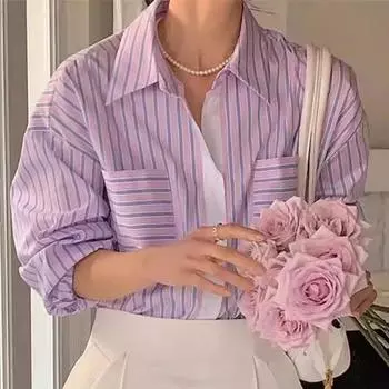 Женская полосатая рубашка контрастного цвета в стиле ретро с длинными рукавами, весенний свободный топ с двойными карманами и лацканами S синий