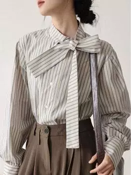 Женская полосатая рубашка с бантом — новая мода весны/осени, стильные длинные рукава, французский стиль, повседневный шик. Large