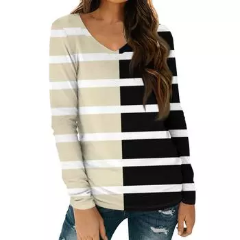 Женская полосатая рубашка с длинным рукавом и V-образным вырезом, базовая футболка, повседневный топ L бежевый