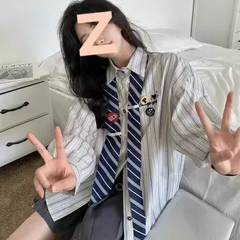 Женская полосатая рубашка с длинным рукавом и завязкой — винтажный студенческий стиль, идеально подходит для весны и осени. M