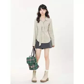 Женская полосатая рубашка с длинным рукавом на шнуровке, приталенная, с отложным воротником, блузка с акцентом на талии, осенний корейский женский модный топ S