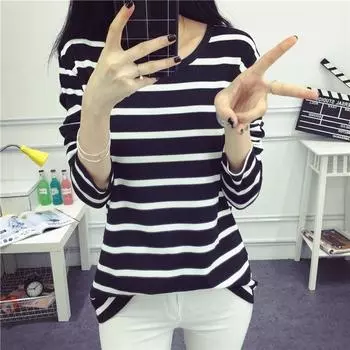 Женская полосатая рубашка с длинным рукавом, облегающего кроя, с круглым вырезом, для весны и осени Large чёрный