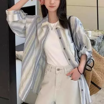 Женская полосатая рубашка с длинным рукавом: Повседневный свободный крой, куртка-кардиган на весну/осень, солнцезащитный топ S