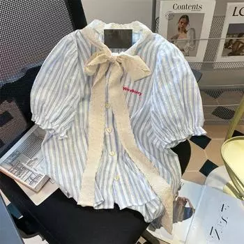 Женская полосатая рубашка с французским кружевом и бантом в корейском стиле с рукавами-фонариками, летний контрастный модный топ с короткими рукавами M