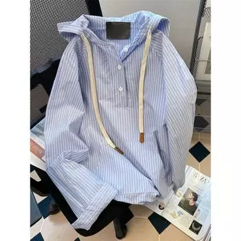 Женская полосатая рубашка с капюшоном, свободная, большого размера, рубашка-пуловер 4XL синий