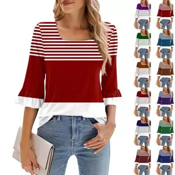 Женская полосатая рубашка с принтом и квадратным вырезом, свободный повседневный топ с рукавами четверти L коричневый