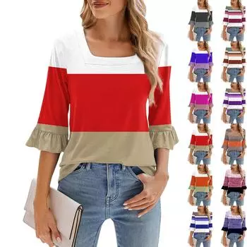 Женская полосатая рубашка с принтом и квадратным вырезом, свободный повседневный топ с рукавами четверти L коричневый