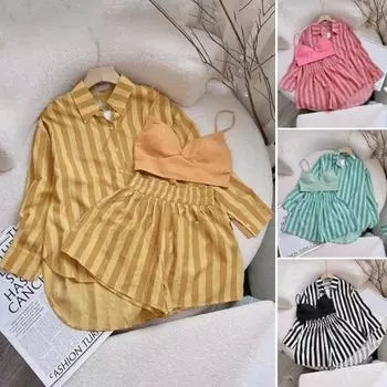 Женская полосатая рубашка с принтом и шорты, комплект из двух предметов, свободная посадка, повседневная рубашка, брюки, однотонный топ с рукавами, короткие летние наряды L небесно-голубой