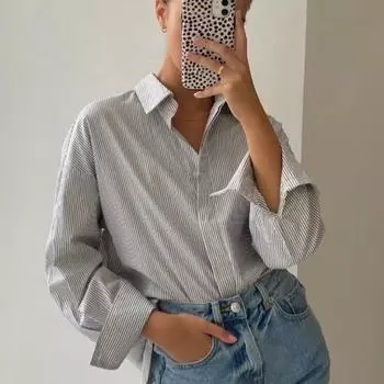Женская полосатая рубашка весна-осень простой потайной пуговицы длинный рукав полосатый кардиган S синий