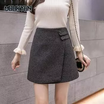 Женская полосатая шерстяная клетчатая юбка 2 цвета S-2XL женская офисная юбка S кофейный