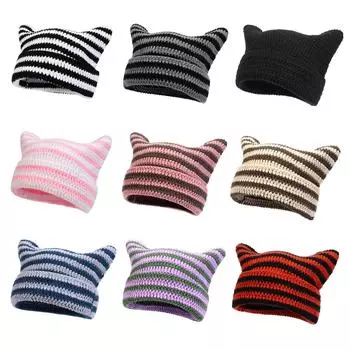 Женская полосатая шерстяная шляпа с ушками дьявола, милая вязаная шапка, повседневный универсальный теплый пуловер, шапка One Size белый
