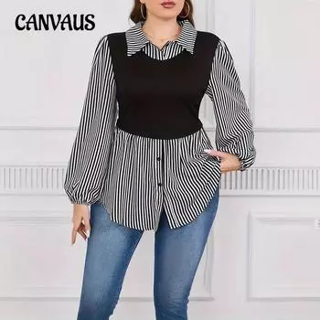 Женская полосатая свободная рубашка большого размера для осени и зимы Color Collision Splicing 0XL чёрный