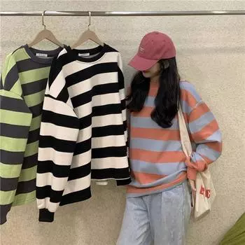 Женская полосатая толстовка, свободный пуловер с круглым вырезом L зелёный