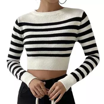Женская полосатая трикотажная рубашка в рубчик с длинными рукавами и круглым вырезом, облегающий пуловер, свитер S белый