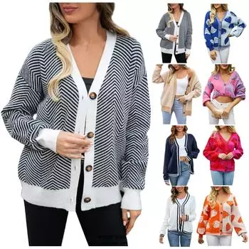 Женская полосатая вязаная рубашка с длинными рукавами для отдыха, рубашка, кардиган, свитера, осень и зима L чёрный