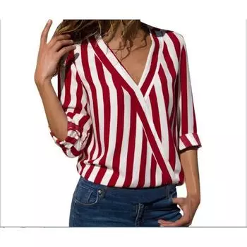 Женская полосатая женская рубашка с длинным рукавом и v-образным вырезом S красный