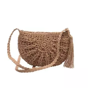 Женская полукруглая сумка с кисточками, соломенная сумка через плечо с луной, летние дорожные вязаные сумки из ротанга 27*19*2cm бежевый