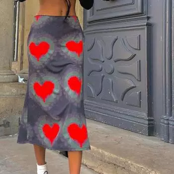 Женская полуюбка с принтом Love, новая летняя повседневная модная женская юбка трапециевидной формы до середины икры S красный/серый