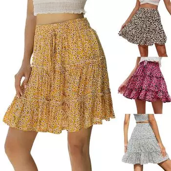 Женская полуюбка с высокой талией и рюшами и цветочным принтом, пляжная короткая юбка трапециевидной формы M зелёный