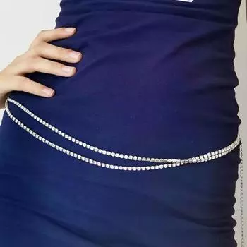 Женская поясная цепочка, регулируемая удлинительная цепочка, тонкая работа, двойной слой со стразами, живот серебряный