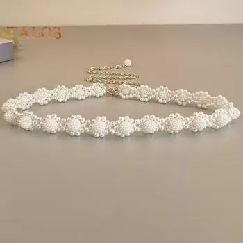 Женская поясная цепочка с цветком и жемчугом, регулируемая длина, элегантный многослойный ремень для платья, аксессуар для женщин A