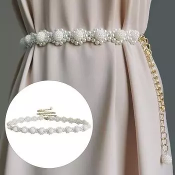 Женская поясная цепочка с цветком и жемчугом, регулируемая длина, элегантный многослойный ремень для платья, аксессуар для женщин A