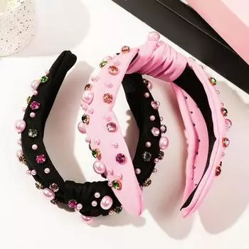 Женская повязка для волос, гибкая элегантная повязка на голову со стразами, декор из искусственного жемчуга, широкая повязка на голову, модный аксессуар для волос светло-розовый