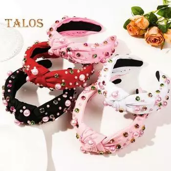 Женская повязка для волос, гибкая элегантная повязка на голову со стразами, декор из искусственного жемчуга, широкая повязка на голову, модный аксессуар для волос светло-розовый