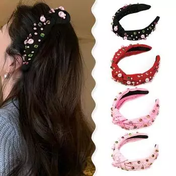 Женская повязка для волос, гибкая, элегантная, со стразами, декор из искусственного жемчуга, широкая повязка на голову, аксессуар для волос светло-розовый