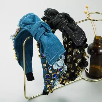 Женская повязка для волос из джинсовой ткани со стеклянным узлом и широкими краями, головной убор OneSize синий