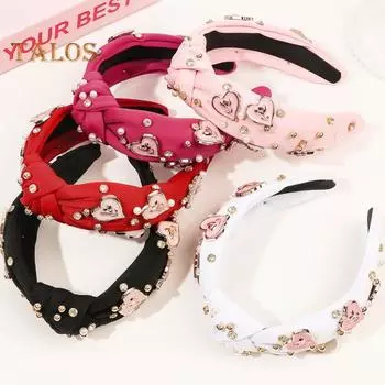 Женская повязка для волос на День Святого Валентина, кулон в форме сердца, декор со стразами, широкая лента, тканевый узел, эластичное противоскользящее украшение на голову, женский обруч для волос розы красного