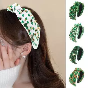 Женская повязка для волос на День Святого Валентина, декор из искусственного жемчуга и стразами, принт трилистника, широкая лента, тканевый узел, красочные эластичные противоскользящие украшения для головы D