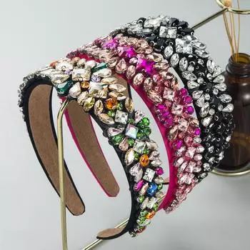 Женская повязка для волос с блестящим кристаллом в стиле барокко, повязка на голову гроты премиум-класса в стиле ретро с широкими краями, украшение для волос OneSize чёрный