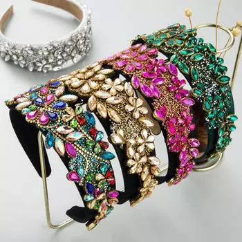 Женская повязка для волос с широким краем, разноцветная повязка на голову с шампунем и кристаллами, милый блестящий обруч для волос с цветком, головной убор OneSize розы красного